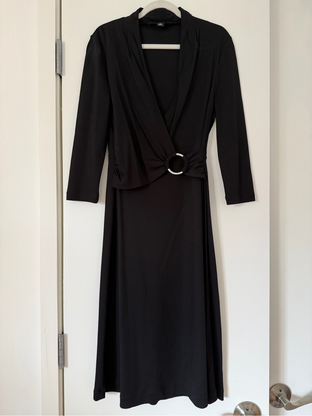 Banana Republic Black Long-Sleeve Faux-Wrap Midi Dress with Ring Detail